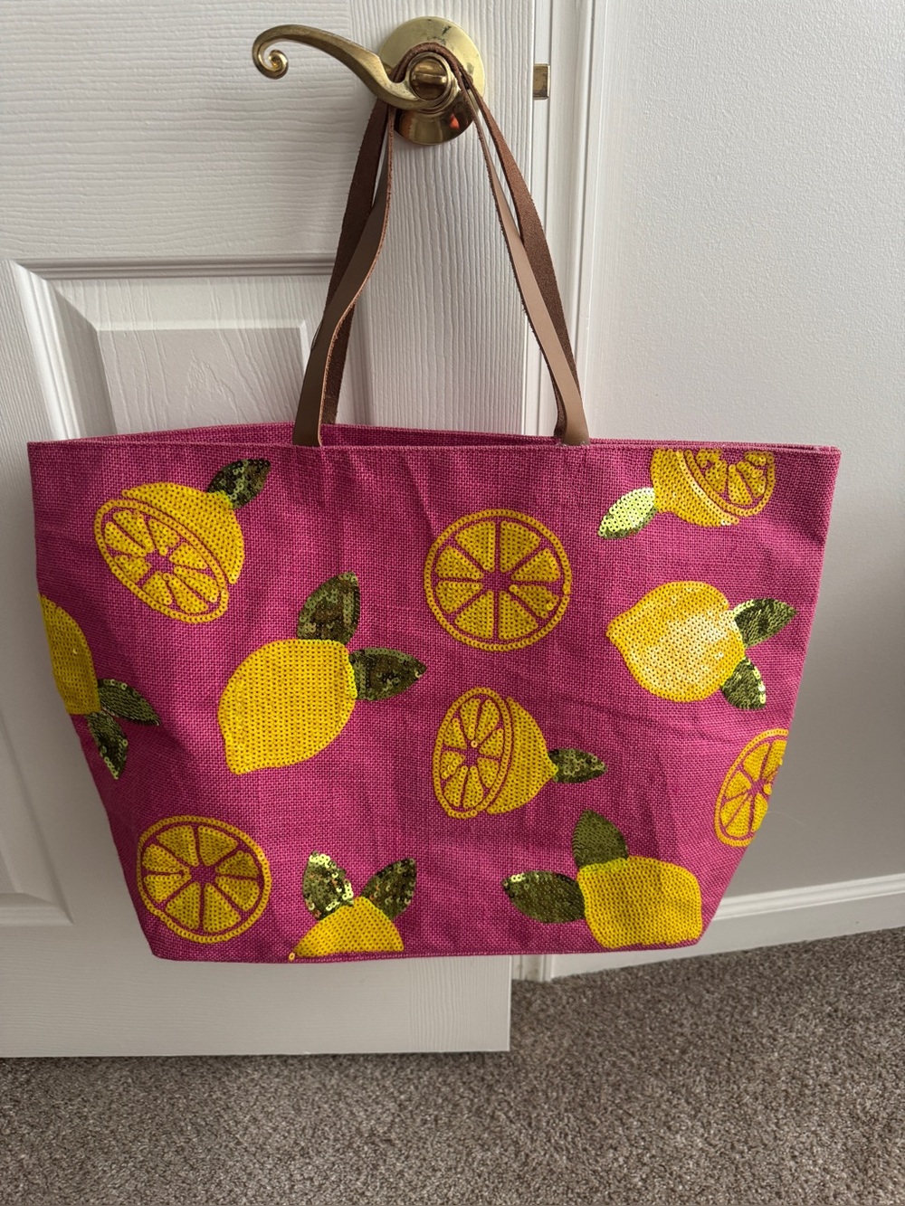 Pink Lemon Print Tote Bag with Brown Handles